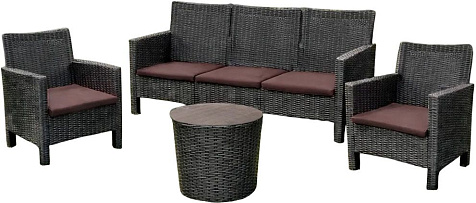 Мебель Ротанг СадКо 2 кресла, тройной диван и столик серый с коричневыми подушками купить в СОМ